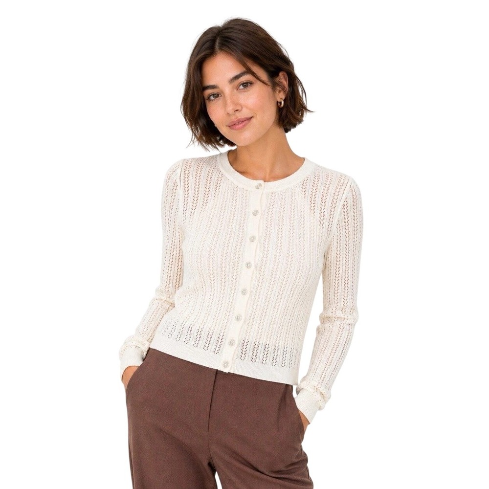 A New Day Women's White Pointelle Knit Button Front Cardigan Sweater Size Small